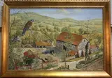 David Barber, Kestrel above a Farmstead within a Downland Landscape, oil on canvas