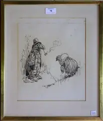 Harry Rountree, Study of Two Anthropomorphic Birds, one smoking a Pipe, pencil