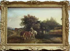 E.A. Brooke, Horses watering at a River, a Logging Cart beyond, 1868, oil on canvas