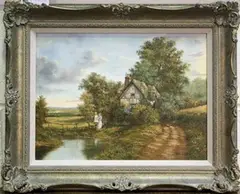 Peter A. Kotka, Woman and Child at a Duck Pond near a Thatched Cottage, oil on panel