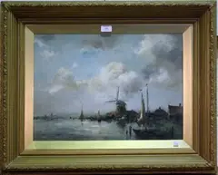 Jan van der Linde, View along a Dutch Canal, with Moored Sailing Barges, Cottages and a Windmill, oil on canvas