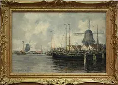 T. van Holst, Dutch Canal Scene, oil on canvas