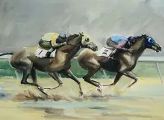 John Skeaping, Mud in Your Eye' (Two Racehorses with Jockeys-up), watercolour and gouache