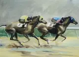 John Skeaping, Mud in Your Eye' (Two Racehorses with Jockeys-up), watercolour and gouache