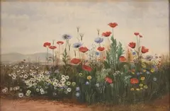 Andrew Nicholl, Poppies and other Wild Flowers in an Irish Landscape, watercolour and gouache