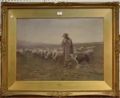 Arthur Winter Shaw, January' (Shepherd and Flock in a Landscape), watercolour