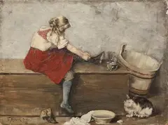 Francis Neydhart, Girl seated on a Trunk fastening her Boot near a Washbowl, Jug and Cat, oil on panel
