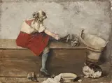 Francis Neydhart, Girl seated on a Trunk fastening her Boot near a Washbowl, Jug and Cat, oil on panel