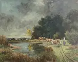 Karl Rohrhirsch, Herdswoman and Cattle on the Bank of a Lake, oil on panel