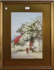 Ella Du Cane, 86, Daturas' (Two Children on a Street below the Flowering Plant), watercolour over pencil traces