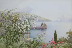 Ella Du Cane, Daisy Trees' (View of a Bay in Madeira from an Elevated Position with Flowers and Blossom in the foreground), watercolour over pencil traces
