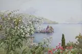 Ella Du Cane, Daisy Trees' (View of a Bay in Madeira from an Elevated Position with Flowers and Blossom in the foreground), watercolour over pencil traces