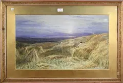 George Lucas, Figures harvesting in a Landscape, watercolour with gouache