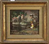 Orlando Greenwood, Still Life Study of a Porcelain Putto facing Staffordshire Pottery Sheep, oil on canvas