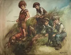 Barry Leighton-Jones, Children fishing on a Riverbank beside Dogs, oil on canvas