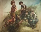 Barry Leighton-Jones, Children fishing on a Riverbank beside Dogs, oil on canvas