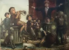 Barry Leighton-Jones, Children playing Instruments in a Street, oil on canvas