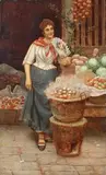 Luigi Pastega, Young Woman holding a Fan standing at a Market Stall selling Fruit and Vegetables, oil on panel