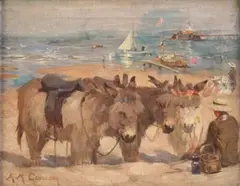 Agnes M. Cowieson, Donkeys on a Beach, a Pier beyond, probably Portobello, oil on canvas