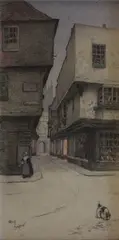 Cecil Aldin, View of a Woman and Dog on a Medieval High Street, a City Gate and Spire beyond, pastel and charcoal with touches of gouache