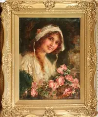 William Joseph Carroll, Half Length Portrait of a Country Girl with a Basket of Roses, oil on canvas