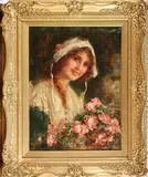 William Joseph Carroll, Half Length Portrait of a Country Girl with a Basket of Roses, oil on canvas