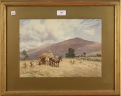 Fred J. Knowles, Figures harvesting in a Welsh Landscape, watercolour
