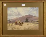 Fred J. Knowles, Figures harvesting in a Welsh Landscape, watercolour