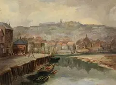 Coastal Landscape with Town and Harbour by George Goodall, oil on panel, sold Mar 2013