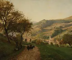 François Millet, View of a French Village with a Herder and Goats on a Road in the foreground, oil on canvas