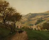 François Millet, View of a French Village with a Herder and Goats on a Road in the foreground, oil on canvas