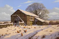 Edward Hersey, Chickens outside a Barn in a Snowy Landscape, oil on canvas