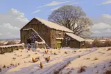 Edward Hersey, Chickens outside a Barn in a Snowy Landscape, oil on canvas