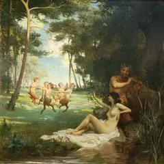 George Percy Jacomb-Hood, Pan playing his Flute beside a Nymph in a Woodland, Faun-like Children of Pan dancing in a Clearing beyond, oil on canvas