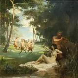 George Percy Jacomb-Hood, Pan playing his Flute beside a Nymph in a Woodland, Faun-like Children of Pan dancing in a Clearing beyond, oil on canvas