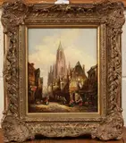 Henry Schafer, View of a Market and Shops in a Continental Cathedral Town, 1882, oil on canvas