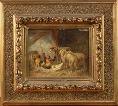 J. Grell, Sheep, Chickens and a Duck in a Barn Interior, oil on panel