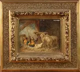 J. Grell, Sheep, Chickens and a Duck in a Barn Interior, oil on panel
