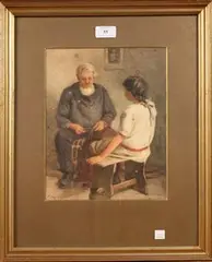 Frederick James McNamara Evans, Sea Salt repairing a Net beside a Girl seated on a Stool within a Cottage Interior, watercolour