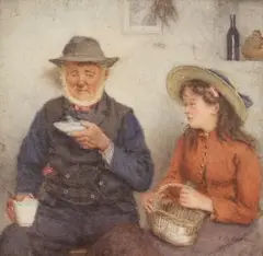Frederick James McNamara Evans, Sea Salt holding a Saucer beside a Young Woman holding a Basket, watercolour