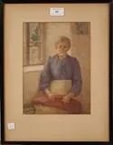 Frederick James McNamara Evans, Half Length Portrait of an Elderly Woman seated in a Cottage by a Window, watercolour