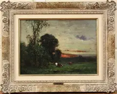 George Boyle, Cows in a Landscape at Dusk, oil on board