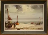 Jorge Aguilar-Agon, Coastal View with Figures and Beached Boats, oil on canvas
