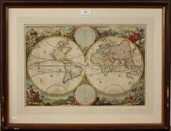 Nicholas Visscher, Orbis Terrarum, Double Hemisphere Map of the World within a Border of Female Figures Allegorical of the Continents, mid/late 17th Century engraving with near period colour