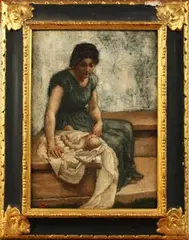 T. Riley, Mother beside her Baby wrapped in Blankets, oil on canvas