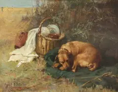 Philip Eustace Stretton, On Guard' (Study of a Dog sleeping beside a Hamper), oil on canvas
