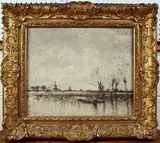 William Alfred Gibson, Landscape with a Woman in a Punt and Windmills