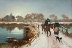 Winter Scene with Figures crossing the Footbridge at Shoreham, St Nicholas Church beyond by Philip Richard Morris, oil on canvas, sold Dec 2012
