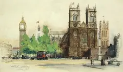 Charles Dixon, View of Westminster Abbey with the Tower of Big Ben beyond, 1923, watercolour and gouache over pencil
