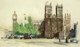 Charles Dixon, View of Westminster Abbey with the Tower of Big Ben beyond